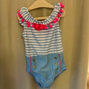 Blue and White Striped Swimsuit with Pink Accents